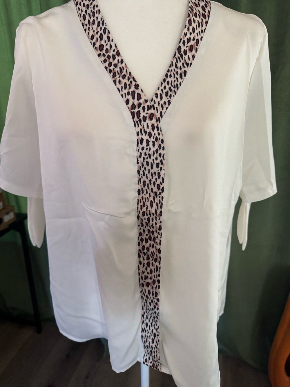 Women's Cream Blouse with Leopard-Print Trim